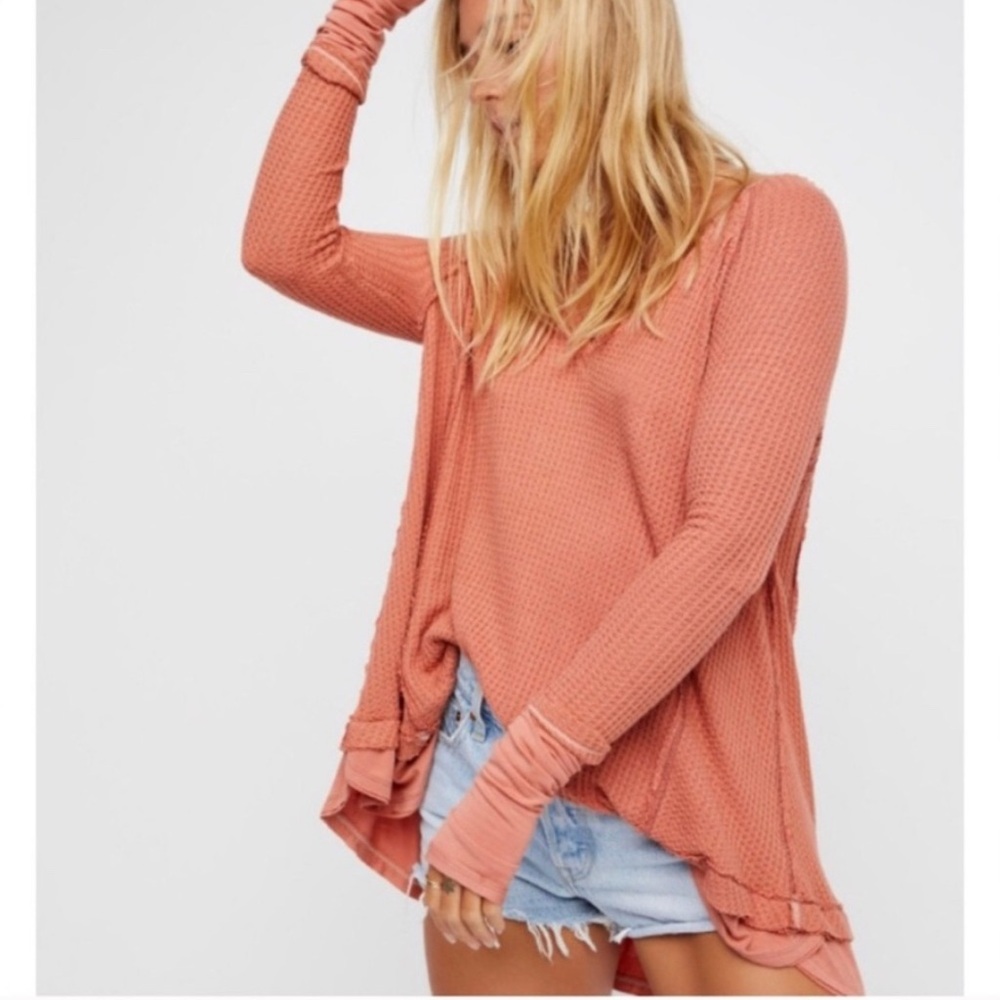 We The Free Orange Laguna Thermal Women's Coral Waffle Knit Top XS